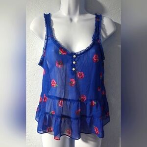 Sheer Royal Blue Floral Ruffle Tiered Camisole - Women's